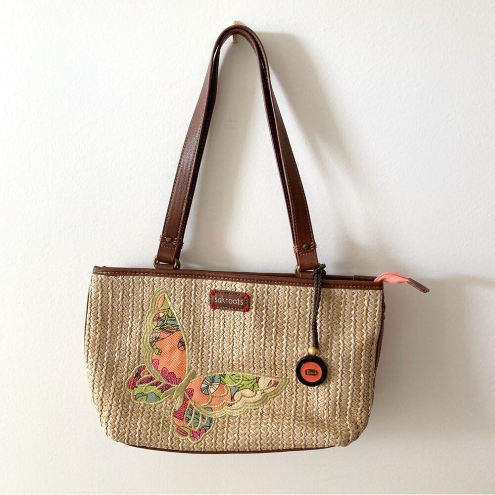 Sakroots Straw Bag Handbag Purse Floral Print Butterfly Appliqué Peace Dangle